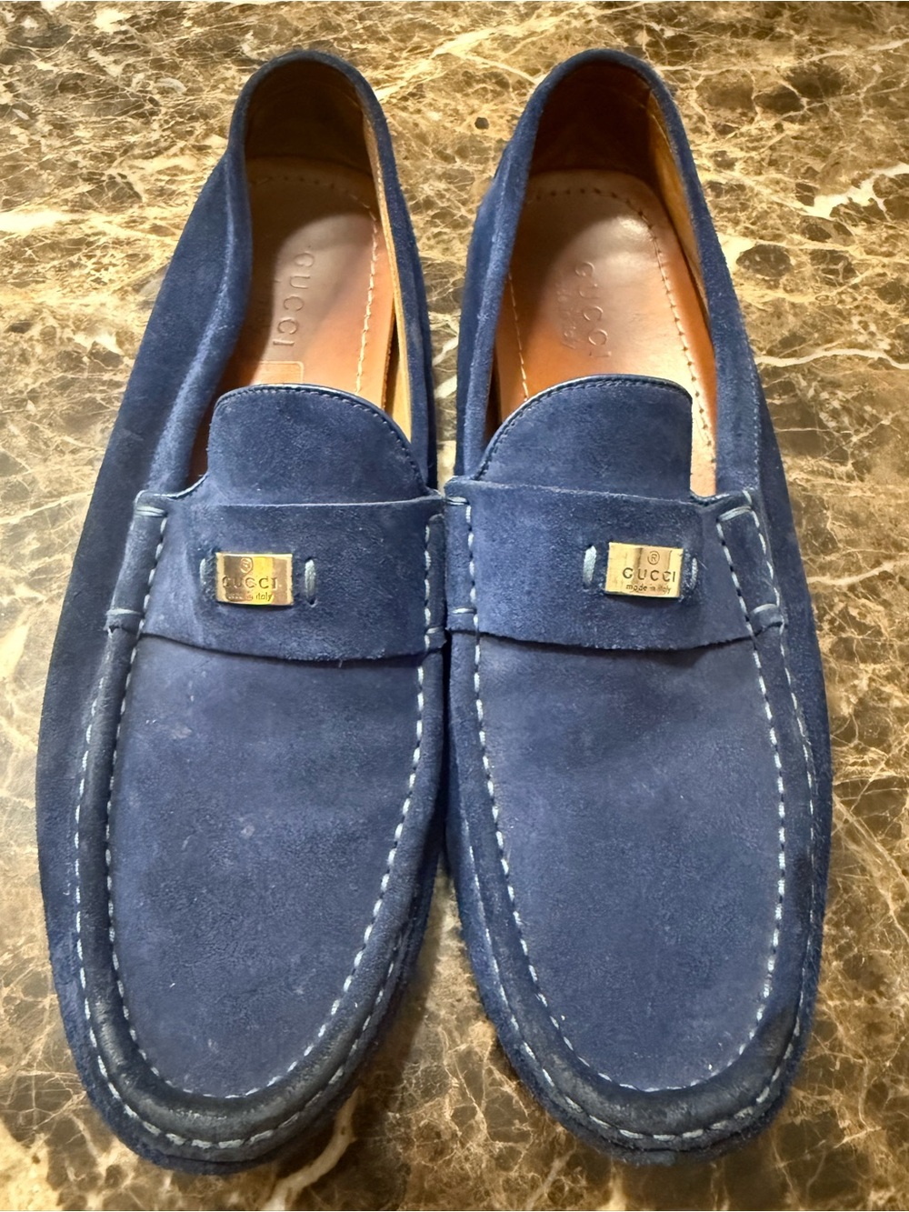 Gucci Navy Blue Suede Penny Driving Loafers